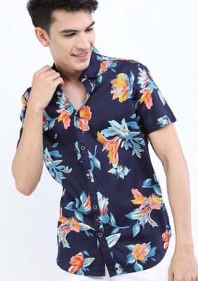 Guruji Shop Men Floral Print Casual Dark Blue Shirt