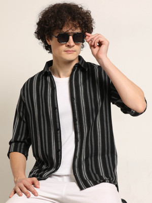 Bushirt Men Striped Casual Black Shirt