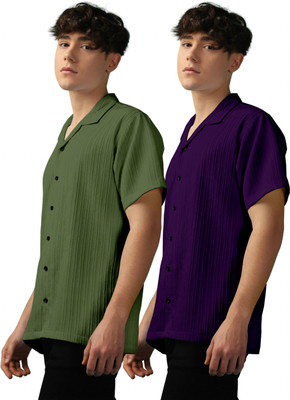 OXXOM Men Self Design, Striped Casual Green, Purple Shirt(Pack of 2)