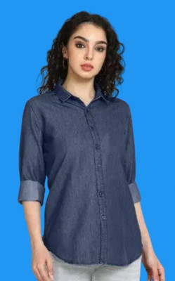 Wingzss Women Solid Casual Blue Shirt
