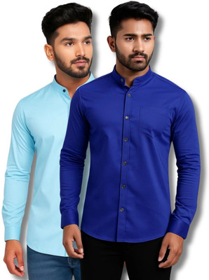 MAHIRAN Men Solid Casual Light Blue, Dark Blue Shirt(Pack of 2)