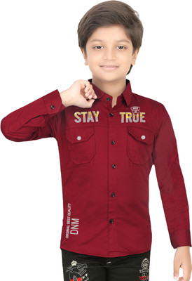 FASHION GRAB Boys Printed Casual Maroon Shirt