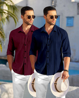 HEMAS LIFESTYLE Men Self Design, Striped Casual Maroon, Dark Blue Shirt(Pack of 2)