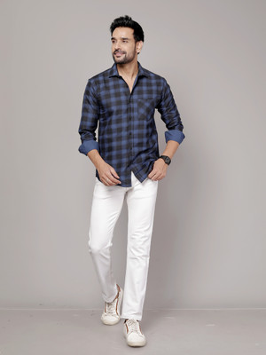 KAISERMEN Men Checkered Casual Blue Shirt