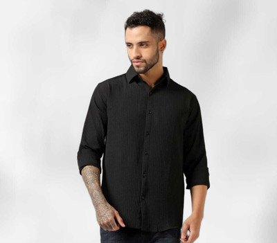 RAJARENCHODD Men Solid Casual Black Shirt