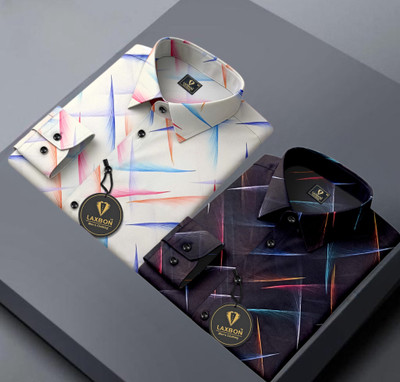 LAXBON Men Printed Casual White, Black Shirt(Pack of 2)