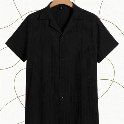 Looksky Men Self Design Casual Black Shirt
