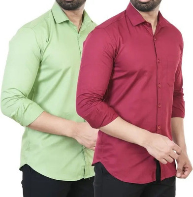Hansroop Men Solid Casual Light Green, Maroon Shirt(Pack of 2)