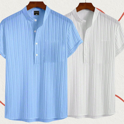 Jenil Fashion Men Self Design Casual Light Blue, White Shirt(Pack of 2)