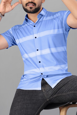 COMBRAIDED Men Striped Casual Light Blue, White Shirt