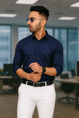 SHIRTZONE Men Geometric Print Formal Blue Shirt
