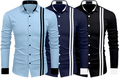 ROYAL SCOUT Men Striped Casual Light Blue, Dark Blue, Black Shirt(Pack of 3)