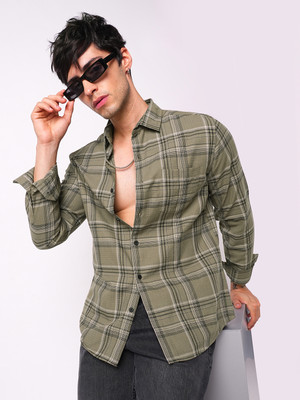 VASTRADO Men Checkered Casual Dark Green Shirt