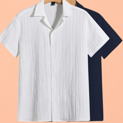 Looksky Men Self Design Casual White, Dark Blue Shirt(Pack of 2)