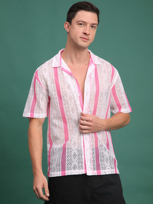 Voroxy Men Striped Casual Pink Shirt