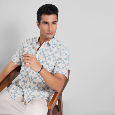 Indus Route by Pantaloons Men Printed Casual Blue, White Shirt