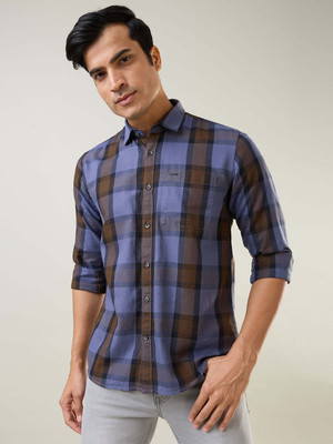 Tim Paris Men Checkered Casual Blue, Brown Shirt