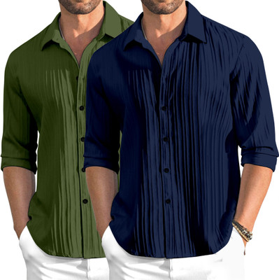 OXXOM Men Self Design Casual Green, Dark Blue Shirt(Pack of 2)