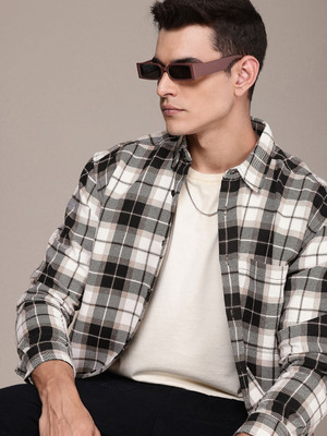 Roadster Men Checkered Casual Beige, Black Shirt