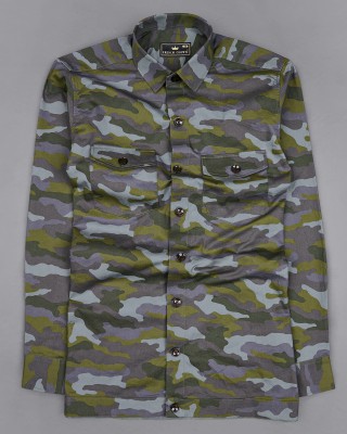 french crown Men Military Camouflage Casual Grey Shirt