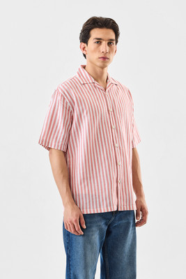 Snitch Men Striped Casual Pink Shirt