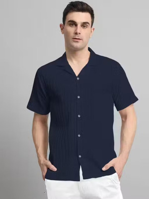 Looksky Men Self Design Casual Dark Blue Shirt