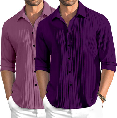 OXXOM Men Self Design Casual Pink, Purple Shirt(Pack of 2)