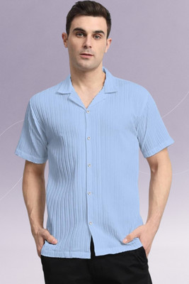 A DEEMOON TREND Men Striped, Self Design, Solid Casual Light Blue Shirt