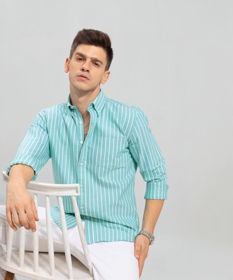 U TURN Men Striped Casual White, Light Blue Shirt