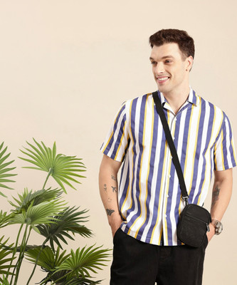 Mast & Harbour Men Striped Casual White, Blue, Yellow Shirt