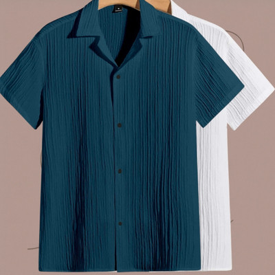 Looksky Men Striped, Self Design, Solid Casual Blue, White Shirt(Pack of 2)