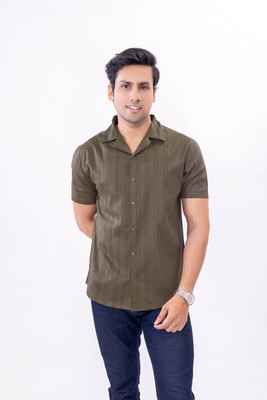 Klafter Men Striped Casual Dark Green Shirt
