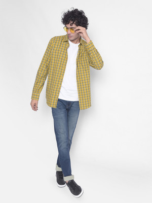CRIMSOUNE CLUB Men Checkered Casual Yellow, Dark Blue, White Shirt