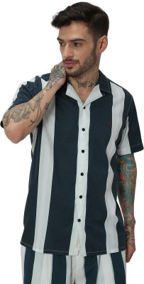 MUFTI Men Striped Casual Dark Green, White Shirt