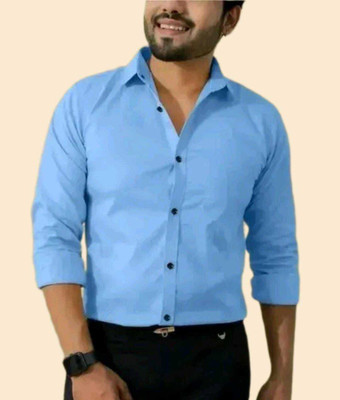 R Y Fashion Men Solid Casual Light Blue Shirt