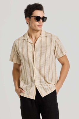 Snitch Men Self Design Casual Beige Shirt