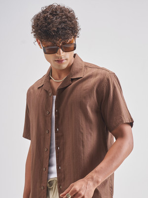 HIGHLANDER Men Self Design Casual Brown Shirt