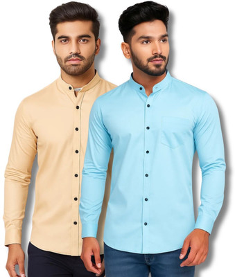 ClothTheory Men Solid Casual Orange, Light Blue Shirt(Pack of 2)
