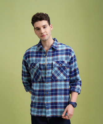 HIGHLANDER Men Checkered Casual Blue Shirt