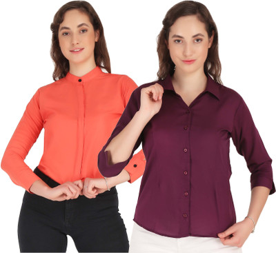 Mamnoon Women Solid Casual Maroon, Orange Shirt(Pack of 2)