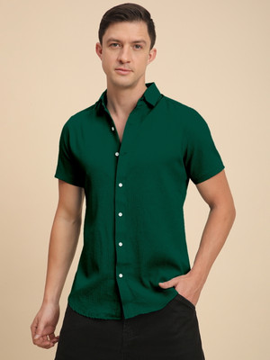 Voroxy Men Solid Casual Dark Green Shirt
