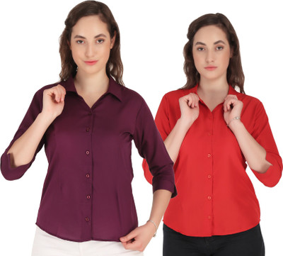 SHANAYA MODA Women Solid Casual Red, Orange Shirt(Pack of 2)