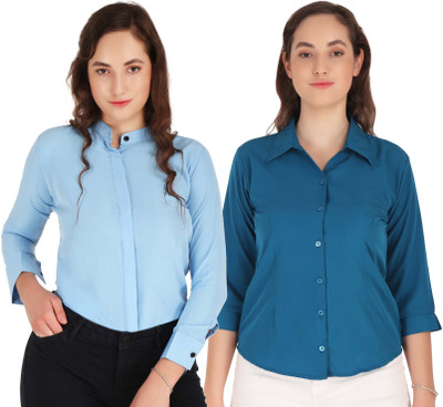 Miranga Women Solid Formal Dark Blue Shirt(Pack of 2)