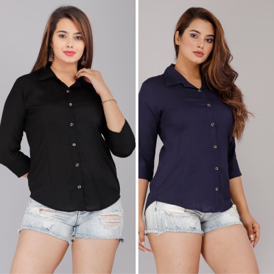 GEHU GARMENTS Women Solid Casual Dark Blue, Black Shirt(Pack of 2)