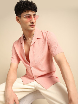 Voroxy Men Self Design Casual Pink Shirt