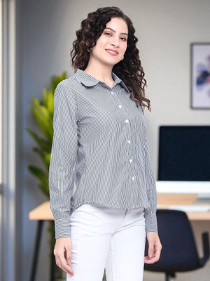 FUBACK Women Striped Casual Black Shirt