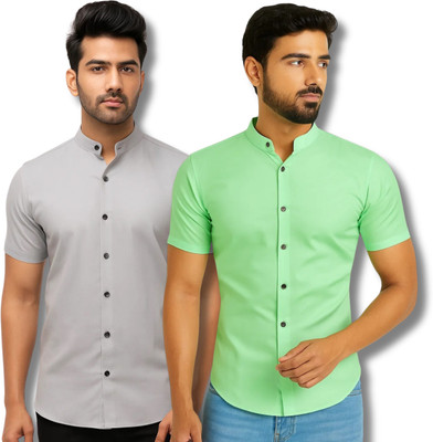 COTTONCHHAP Men Solid Casual Grey, Light Green Shirt(Pack of 2)