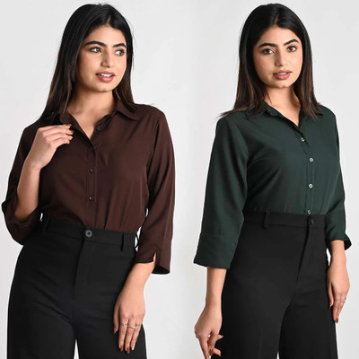 RAHUL TRADERS Women Solid Casual Dark Green, Brown Shirt(Pack of 2)