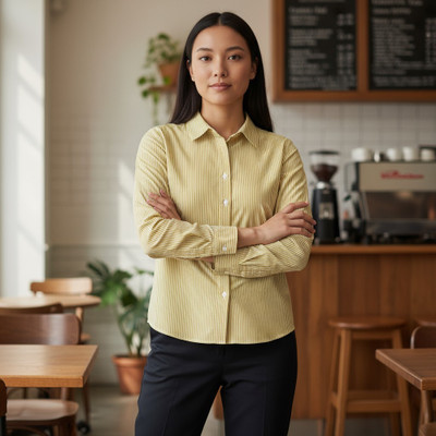 FUBACK Women Striped Casual Yellow Shirt