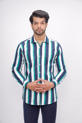 goodlucklife Men Striped Casual White, Dark Blue, Light Blue Shirt